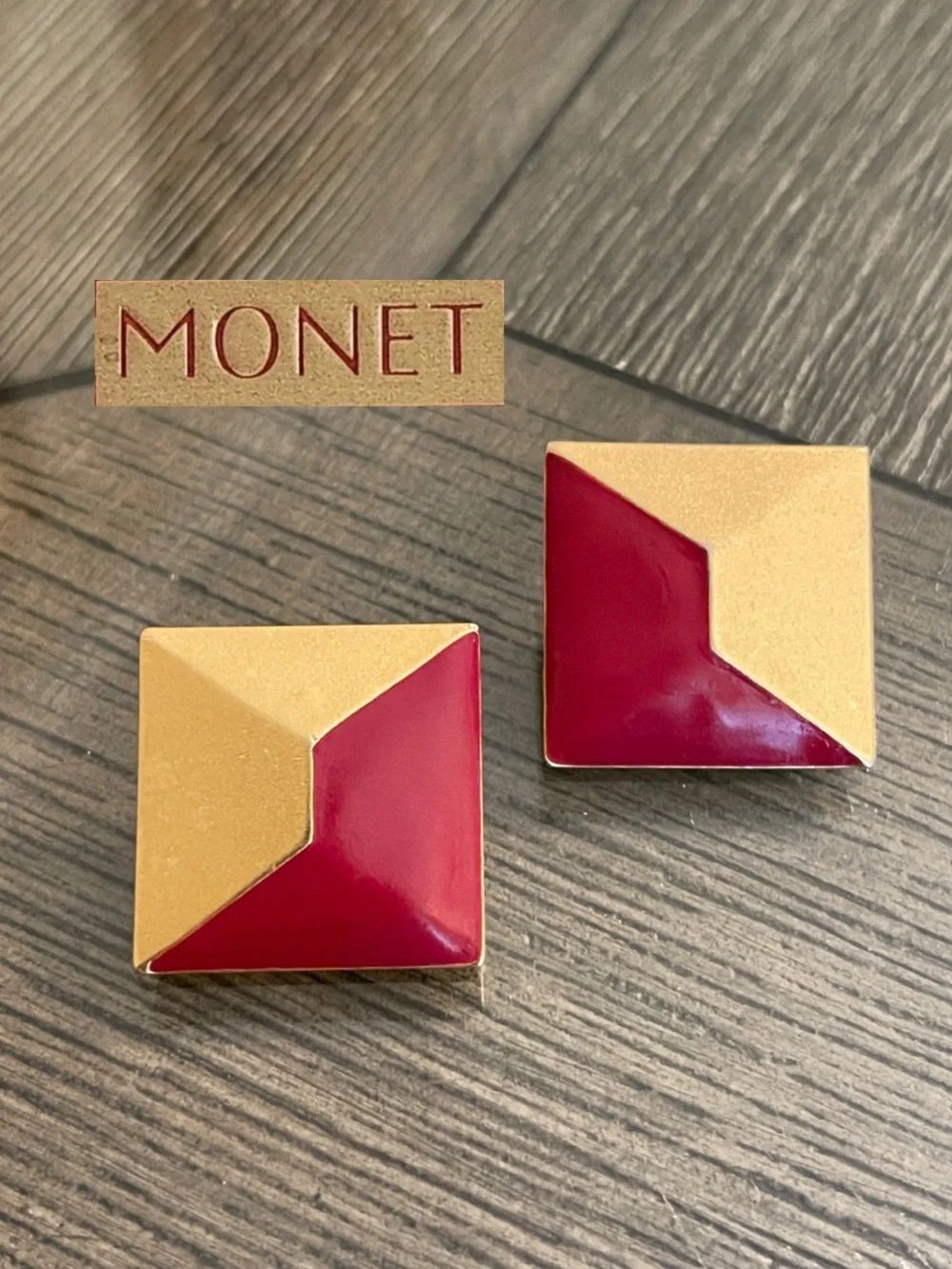 Vintage MONET Square Geometric Red & Gold-tone Post Earrings